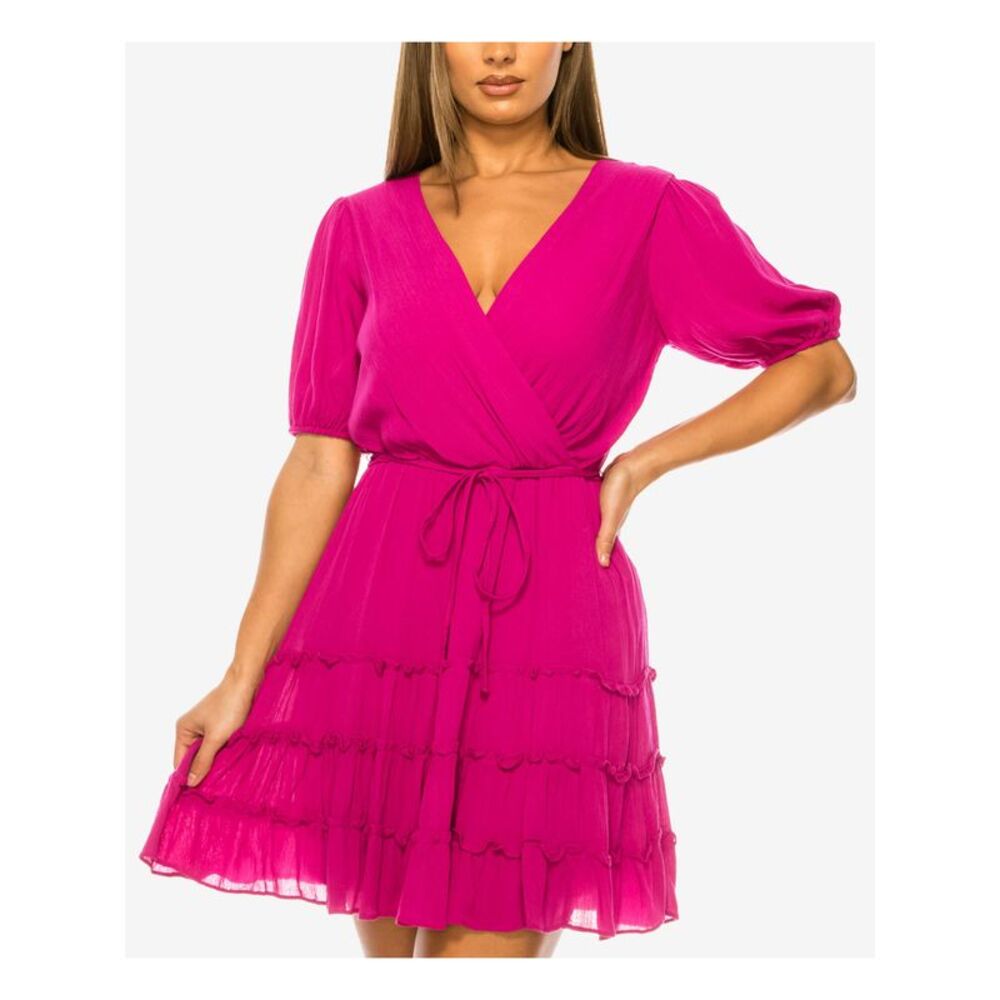B DARLIN Womens Fit + Flare Dress Pink Belted Short Sleeve Skirt Juniors 7\8 - Picture 3 of 3